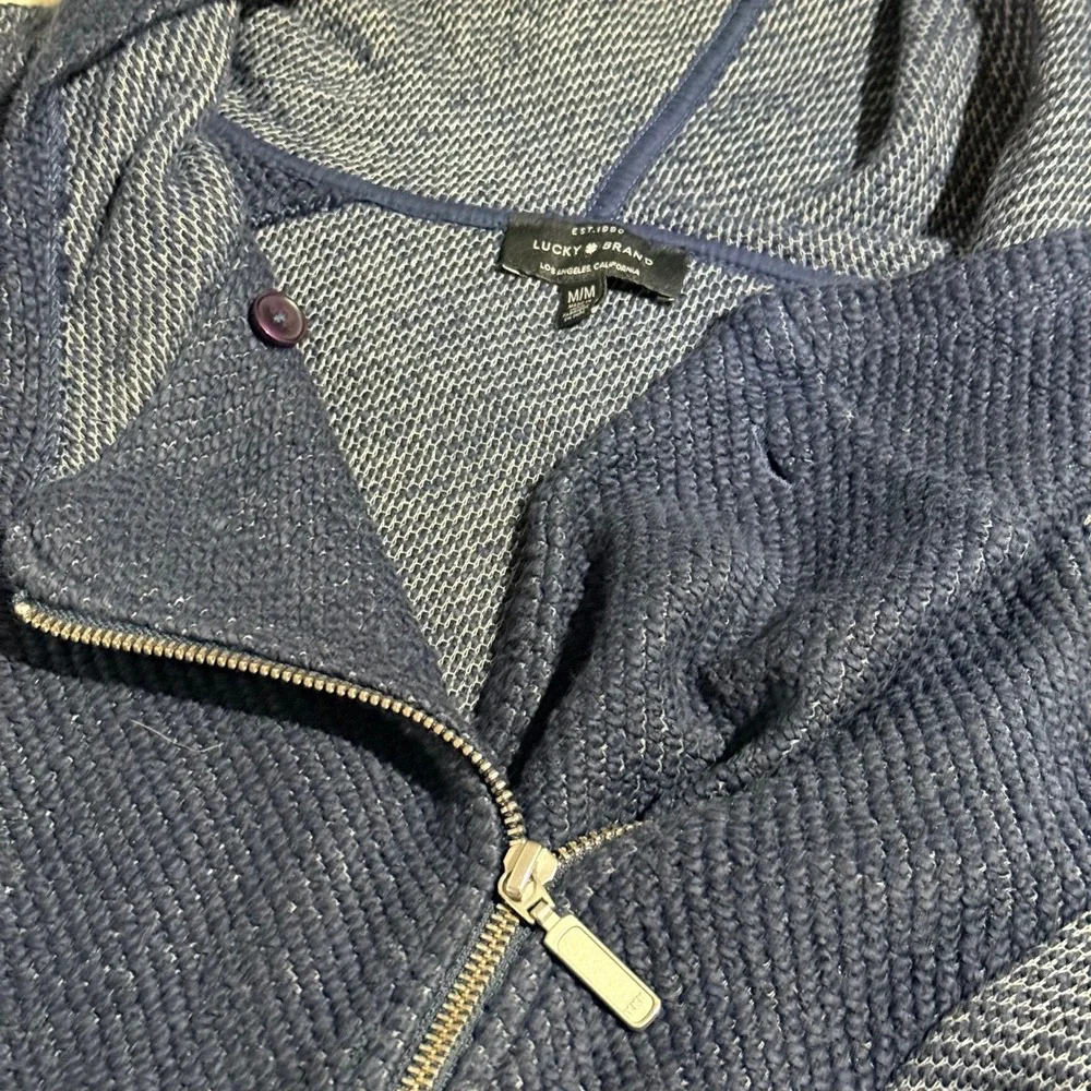 Lucky Brand Moto Hoodie Womens Medium Navy Blue Asymmetric Zip Textured Knit